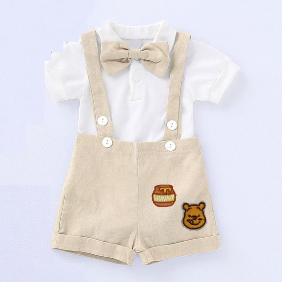 Classic Winnie the Pooh Beige Boy First Birthday Outfit Clothes Suspenders - Picture 3 of 9